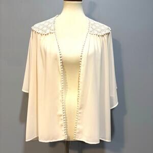 Monteau Cream Sheer Chiffon Capelet Robe Lace Shoulder Pom Pom Trim, Size L